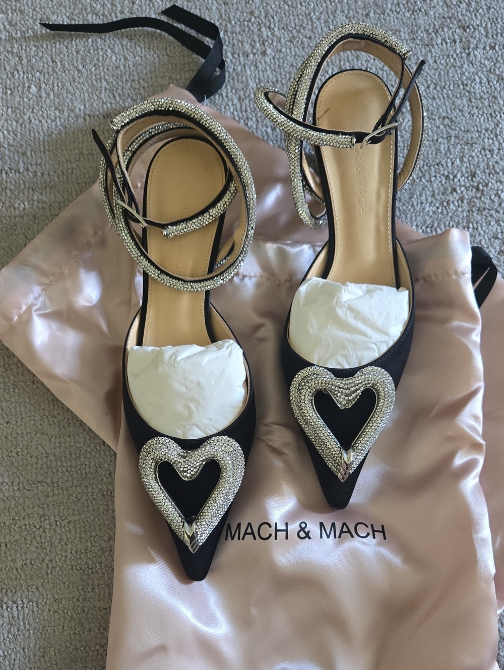 MACH & MACH Black Satin Pointed Pumps with Crystal Heart and Ankle Straps
